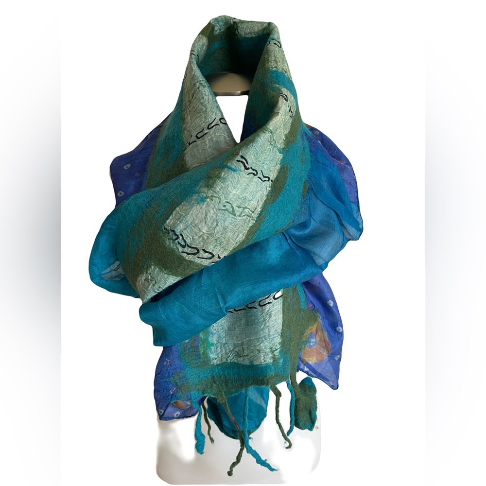 Nuno Felted Handmade Blue-Green Silk/Wool Scarf